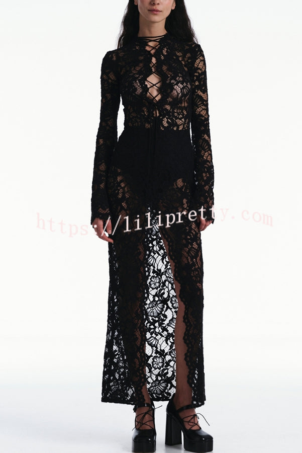 Garcelle Floral Lace Lace-up Long Bell Sleeve Slit Midi Dress