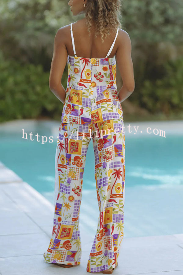 Katri Unique Print Front Slit Tank and Elastic Waist Pocket Wide Leg Pants Set