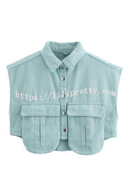 Stylish Weekend Denim Button Up Cape Sleeve Pocket Crop Top