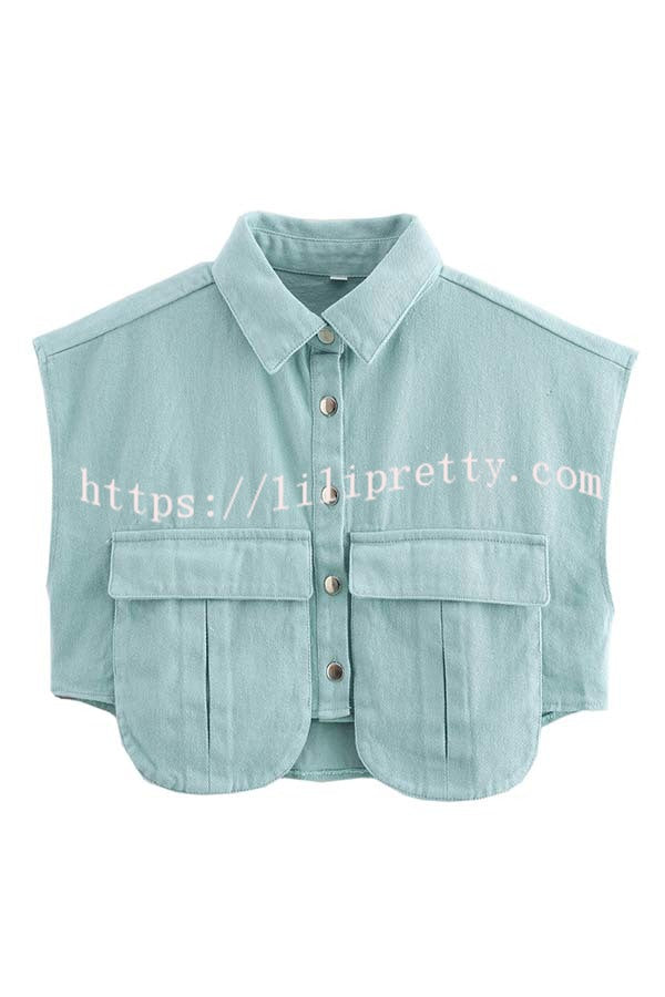 Stylish Weekend Denim Button Up Cape Sleeve Pocket Crop Top