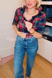 Duke of York Holiday Plaid Ruffle Stand Neck Half Sleeve Blouse