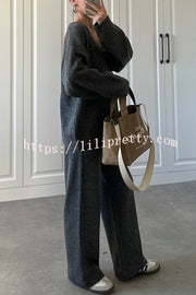 Solid Color V-neck Tie Long-sleeved Loose Knit Cardigan and Elastic Waist Casual Straight Leg Pants Set