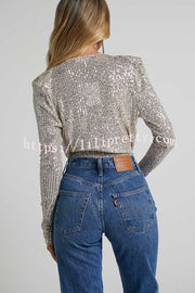 Alora Sequin Wrap Front Plunge Neck Long Sleeve Bodysuit