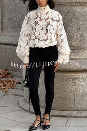 Fashionable Embroidered Flower Loose Puff Sleeve Hollow Top