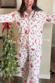 Christmas Candy and Drink Printed Long-sleeved Shirt and Elastic Waist Pocket Pants Set