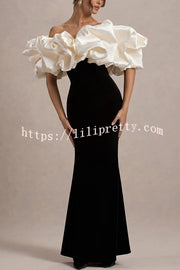 Cecily Velvet Off Shoulder Satin Structured Bardot Neck Stretch Maxi Dress