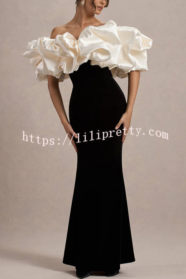 Cecily Velvet Off Shoulder Satin Structured Bardot Neck Stretch Maxi Dress