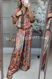 Unique Printed Loose Short-sleeved Top and Elastic Waist Casual Wide-leg Pants Set