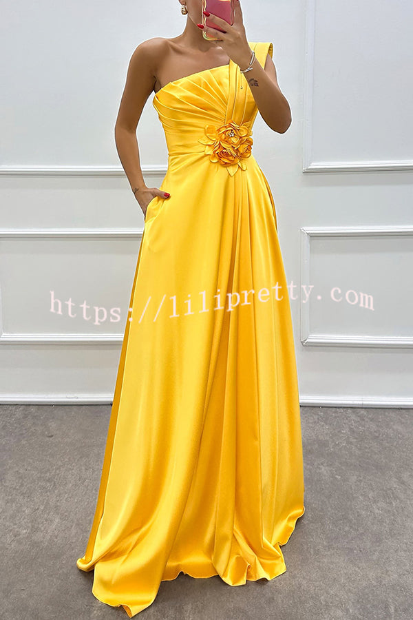 Nasha Satin Pleated One Shoulder Petal Gemstone Detail Pocket Slit Maxi Dress