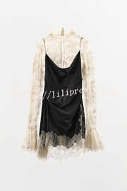 Gothic Romantic Lace Satin Patchwork High Neck Bell Sleeve Loose Mini Dress