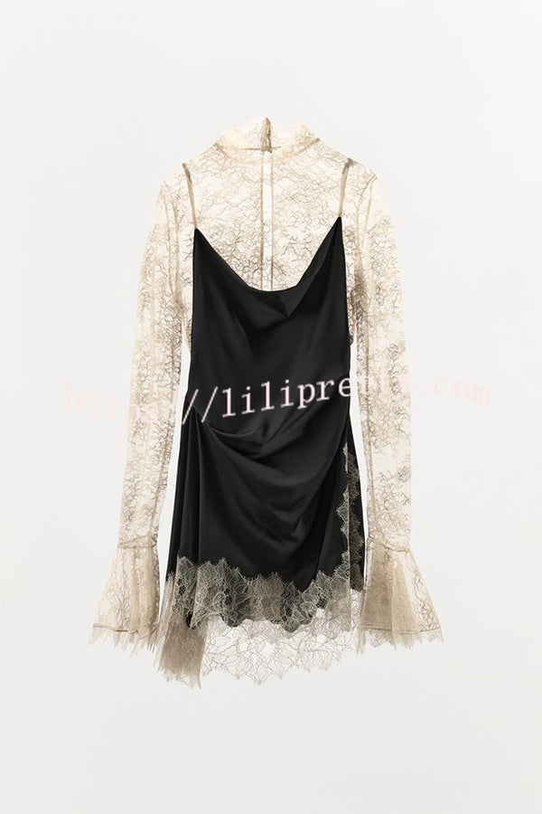 Gothic Romantic Lace Satin Patchwork High Neck Bell Sleeve Loose Mini Dress