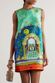 Natural Beauty Satin Unique Print Sleeveless H-line Mini Dress