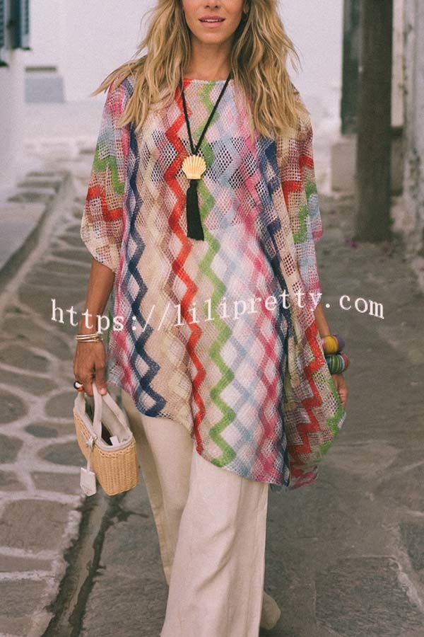 Sun Washed Knit Colorful Zigzag Pattern Asymmetric Hem Loose Cover-ups Kaftan