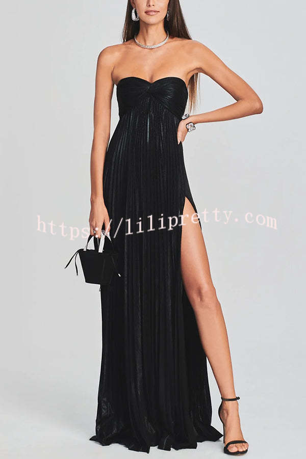 Metallic Sexy Tube Top Pleated High Slit Maxi Dress