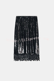 City Queen Sequin Tassel Round Pieces High Rise Back Zipper Midi Skirt