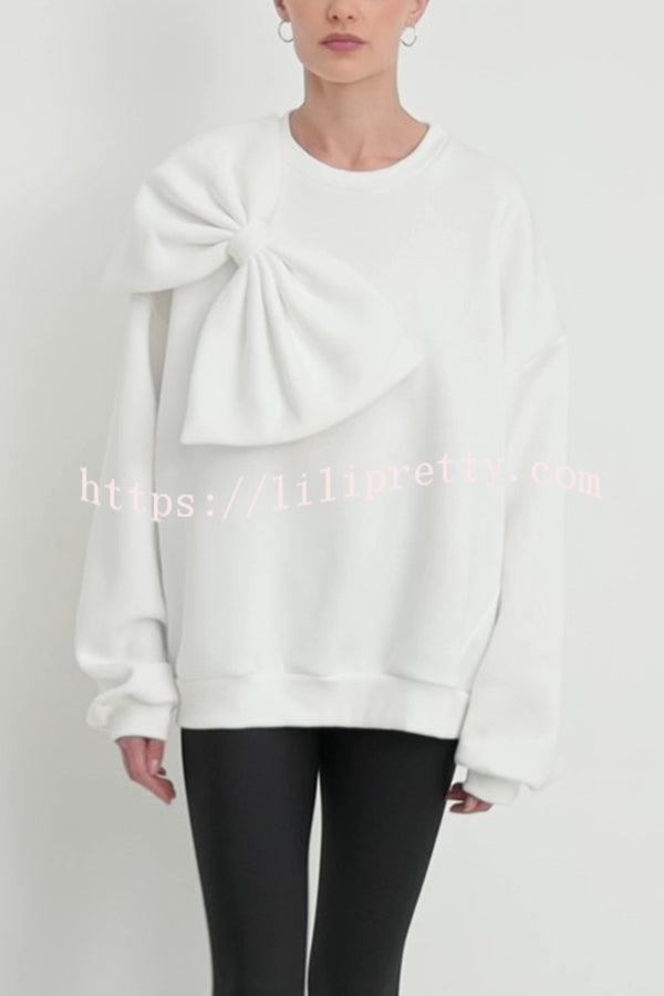 Solid Color Round Neck Long Sleeve Bow Loose Sweatshirts