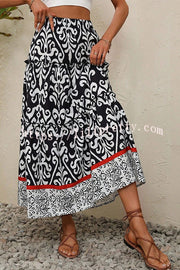 Lilipretty Rosine Ethnic Print Elastic Waist Tiered Midi Skirt