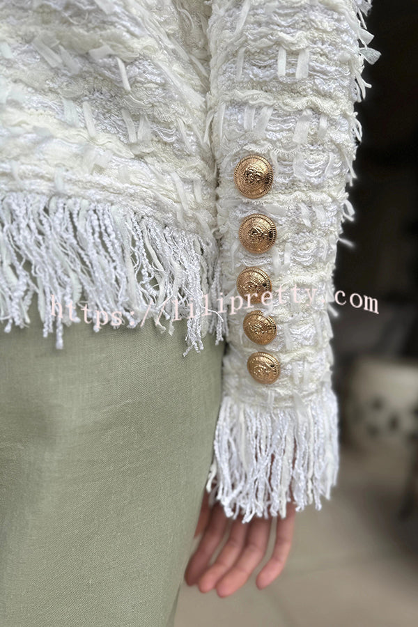 Solid Color Metal Button Long Sleeve Elegant Tassel Top