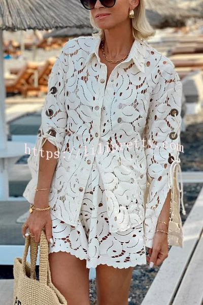 Always Favourite Lace Hollow Tie-up Slit Long Sleeve Shirt and Elastic Waist Shorts Set