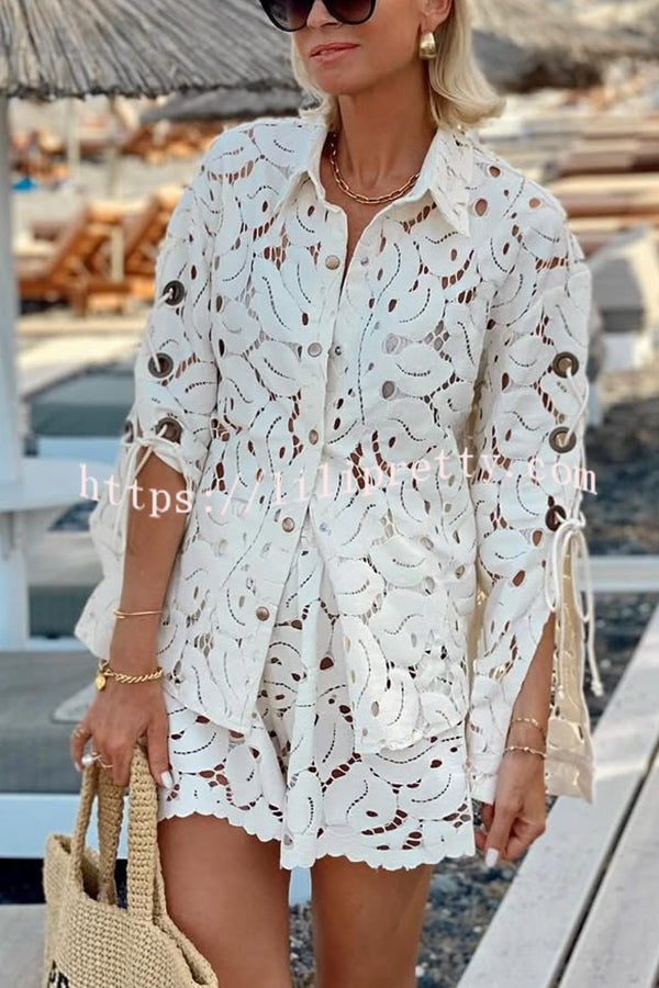 Always Favourite Lace Hollow Tie-up Slit Long Sleeve Shirt and Elastic Waist Shorts Set