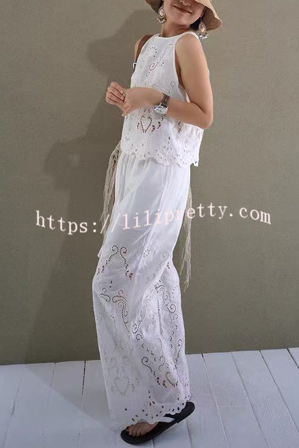 Linen Blend Solid Color Embroidered Hollow Loose Vest and Elastic Waist Casual Pocket Wide Leg Pants Set