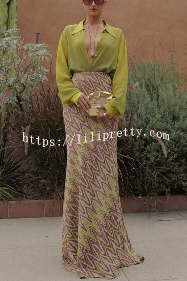 Moonlit Waltz Knit Jacquard Zigzag Print High Rise Stretch Flare Maxi Skirt