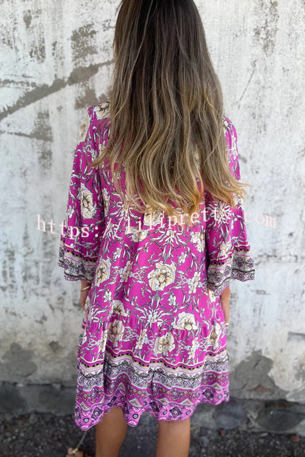 Ethnic Floral Print V-neck Loose Pocket Mini Dress