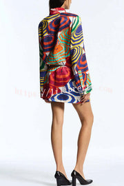 Elouise Satin Color Block Art Print Long Sleeve Button Back Elastic Waist H-line Mini Dress