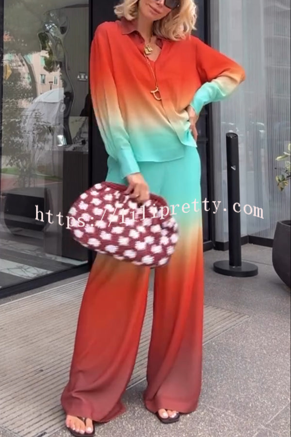 Neon Sunset Gradient Print Long Sleeve High Low Hem Blouse and Elastic Waist Loose Pants Set