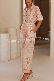 Linen Blend Lapel Puff Sleeve Loose Shirt and Casual Pocket Straight Pants Set