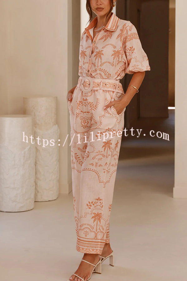 Linen Blend Lapel Puff Sleeve Loose Shirt and Casual Pocket Straight Pants Set