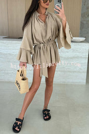 Solid Color V-neck Ruffled Long Sleeve Waist Tie Mini Dress