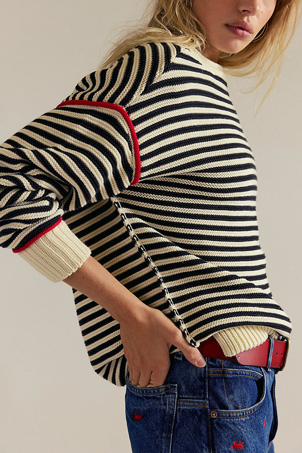 Fashion Striped Colorblock Loose Round Neck Long-sleeved Knitted Sweater