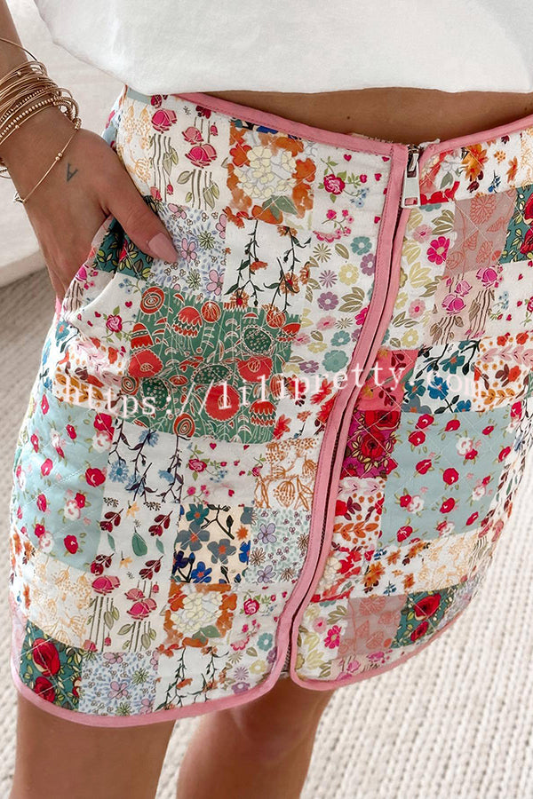 Lilipretty Vintage Patchwork Flower Print Front Zipper Pocketed Quilted Knit Mini Skirt