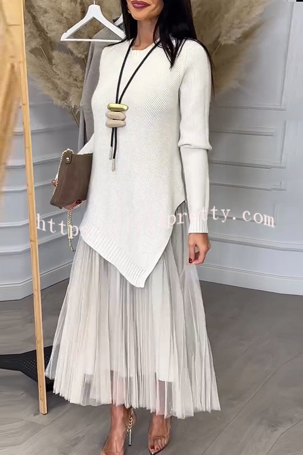 Jensine Ribbed Knit Irregular Loose Sweater and Pleated Tulle Tank Midi Dress Two-piece Set