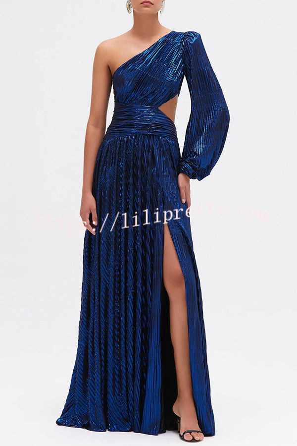 Dazzling Night Metallic Pleated One Shoulder Cutout Balloon Sleeve Gown Maxi Dress