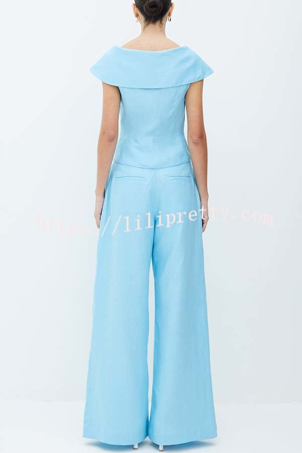 Velena Linen Blend Button Up Lapel Top and High Rise Pocket Wide Leg Pants Set