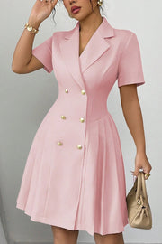 Solid Color Lapel Short Sleeve Button Waist Mini Dress