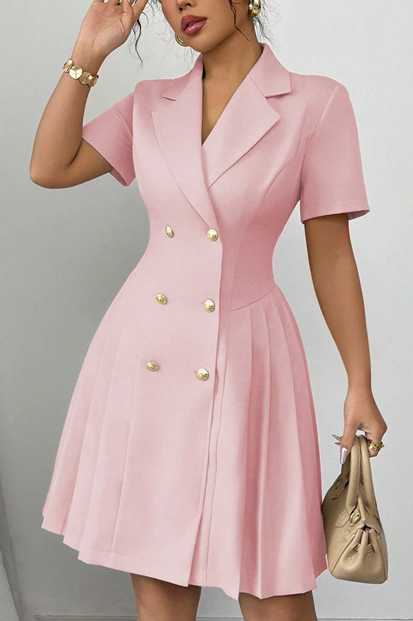 Solid Color Lapel Short Sleeve Button Waist Mini Dress