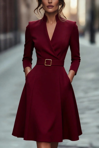 Solid Color V-neck Fitted Waist Long Sleeve Elegant Midi Dress