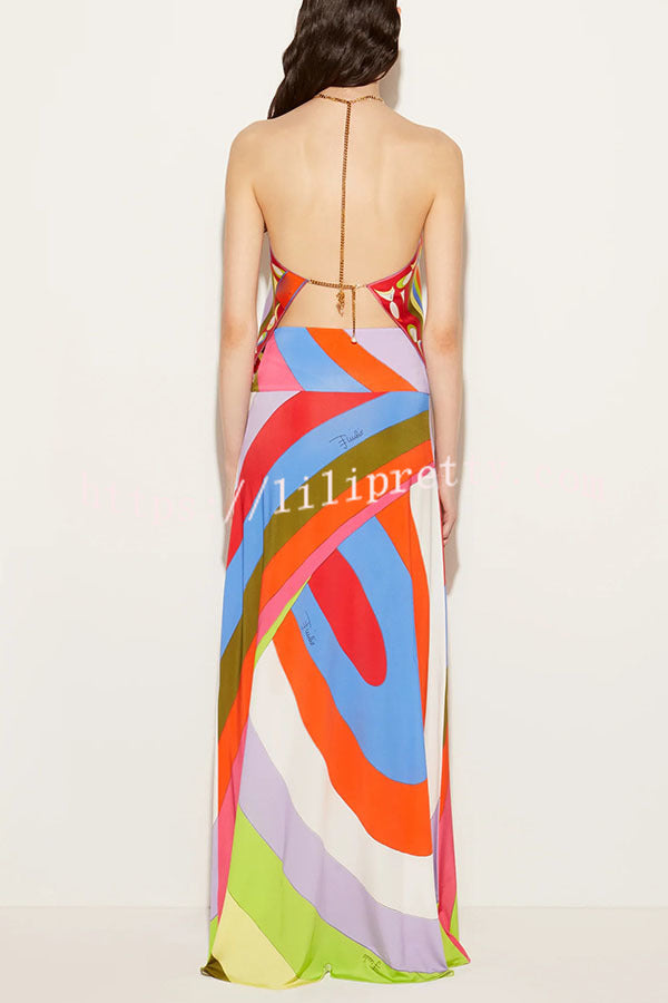 Artistic Girl Satin Unique Print Metal Chain Halter Draped Scarf Tank