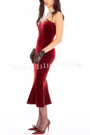Althea Velvet Sweetheart Neck Bow Strap Fishtail Hem Stretch Midi Dress