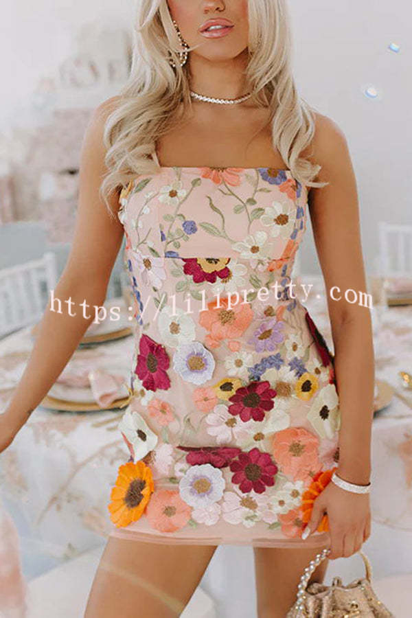 Dream World Embroidered Floral Applique Adjustable Straps Mini Dress