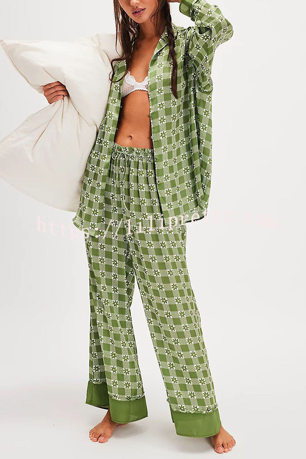 Unique Printed Lounge Long-sleeved Shirt and Elastic Waisted Baggy Pants Set