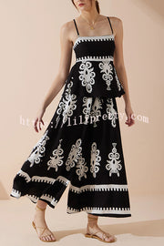 Unique Ethnic Print Suspender Pleated Top and Elastic Waist Loose Wide-leg Pants Set