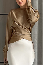 Solid Color Satin Long-sleeved Crossover Casual Shirt