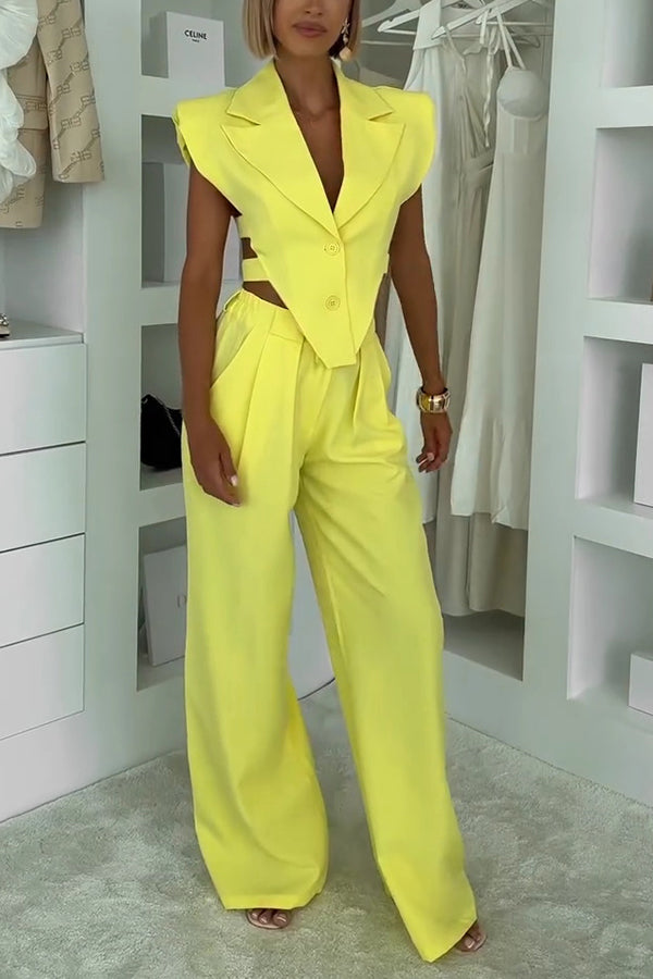 Fashion Style Lapel Waist-baring Irregular Vest and  Elastic Waist Pocket Loose Pants Set