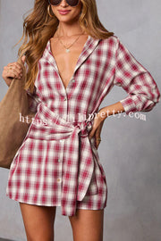 Ashroot Plaid Button Up Wrap Tie Long Sleeve Shirt Mini Dress