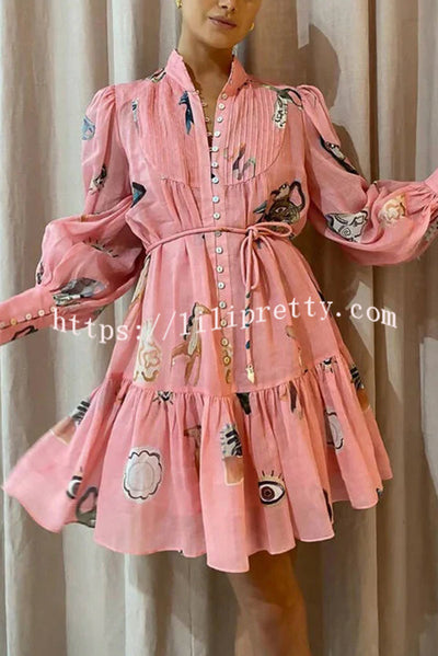 Unique Print Single Breasted Balloon Sleeve Tie Waist Ruffled Mini Dress