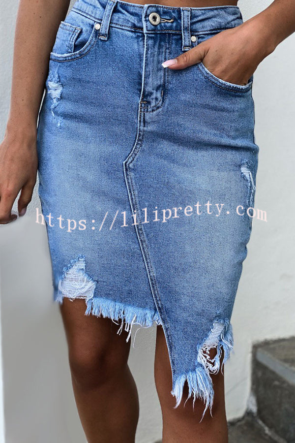 Lilipretty High Waist Ripped Irregular Denim Skirt
